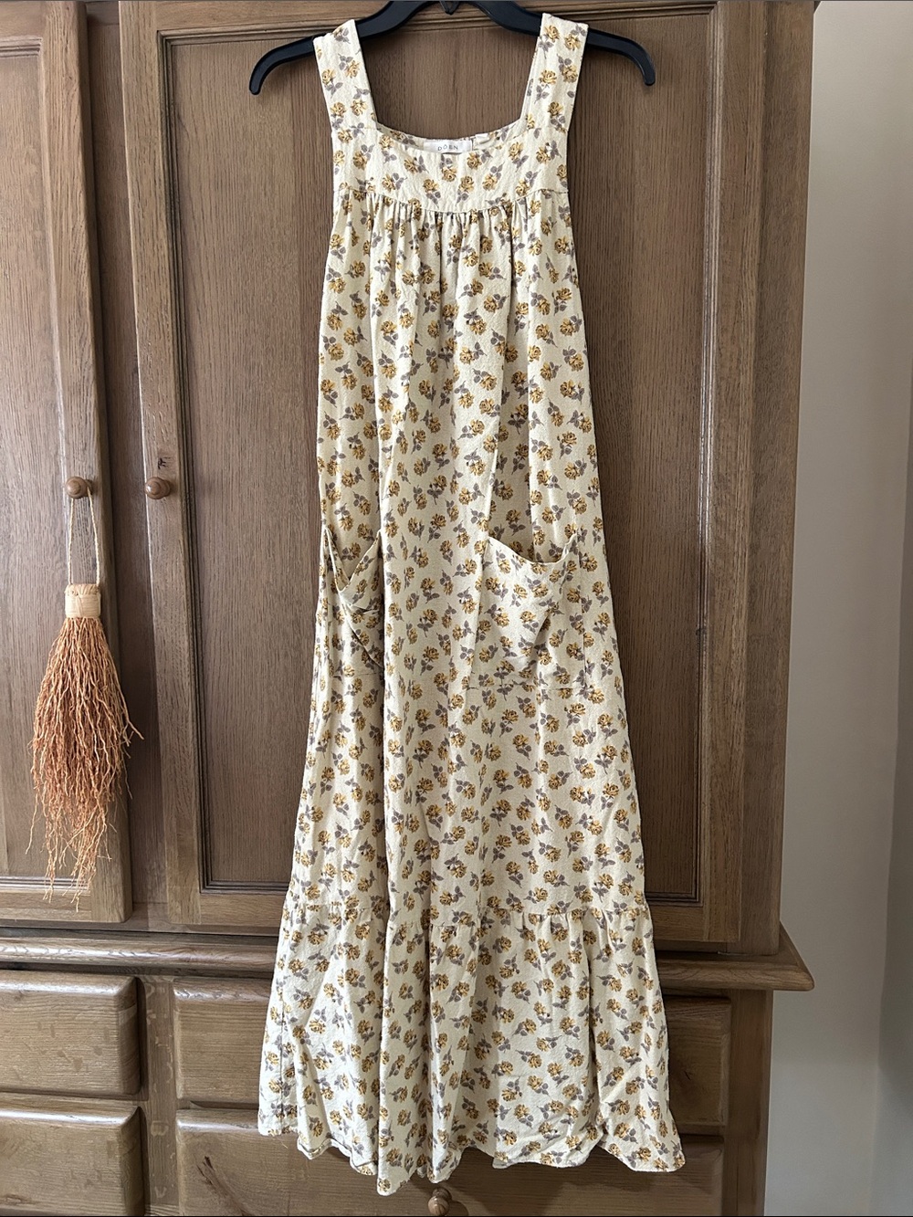 Doen Yellow Rose Silk Noil Dress Self Tie Front Pockets Ruffle Apron Smock M